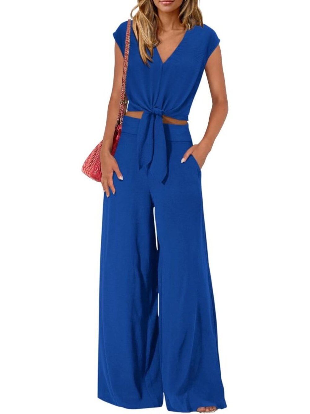 Women's Blue Summer 2 Piece Outfits Cap Sleeve V Neck Belted Crop Tops